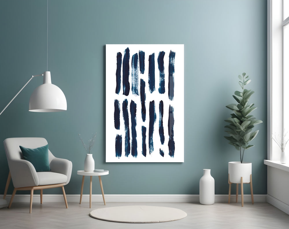 Lines glass wall art styled above a desk in a reflective study