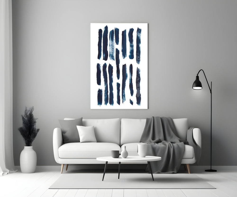 Close-up detail of vertical navy brushstrokes on white canvas