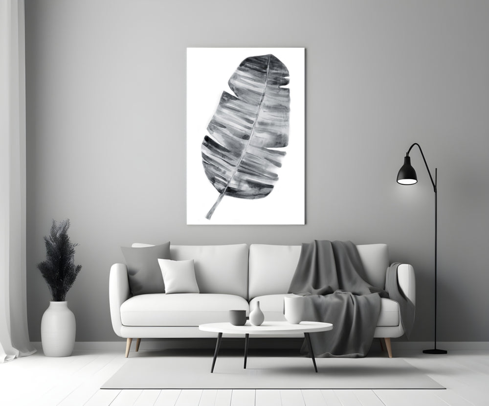 Close-up detail of striped banana leaf in soft monochrome wash