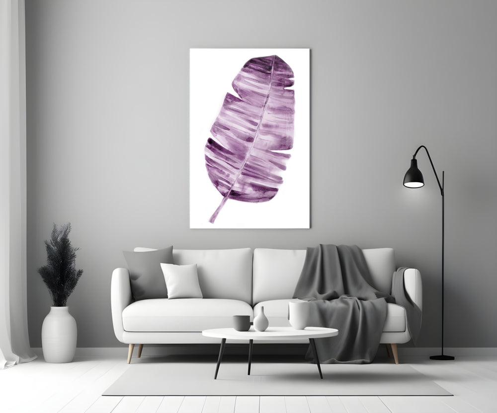 Close-up detail of striped banana leaf in soft violet wash