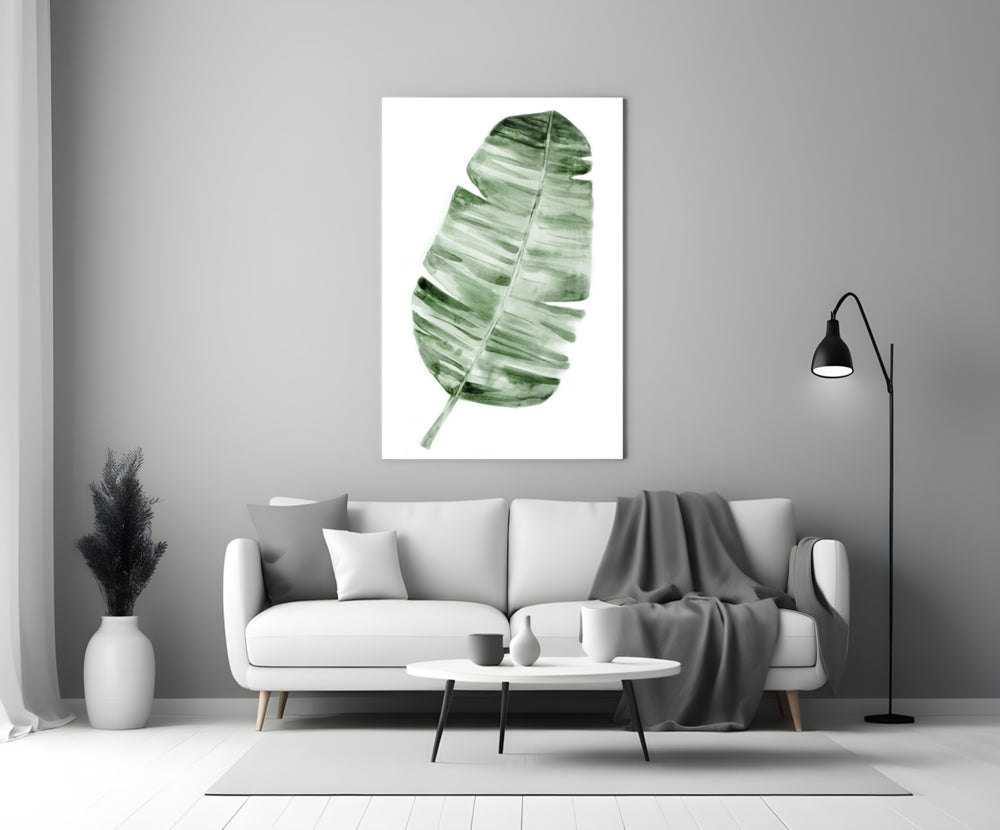 Close-up detail of striped banana leaf in soft jade watercolor wash