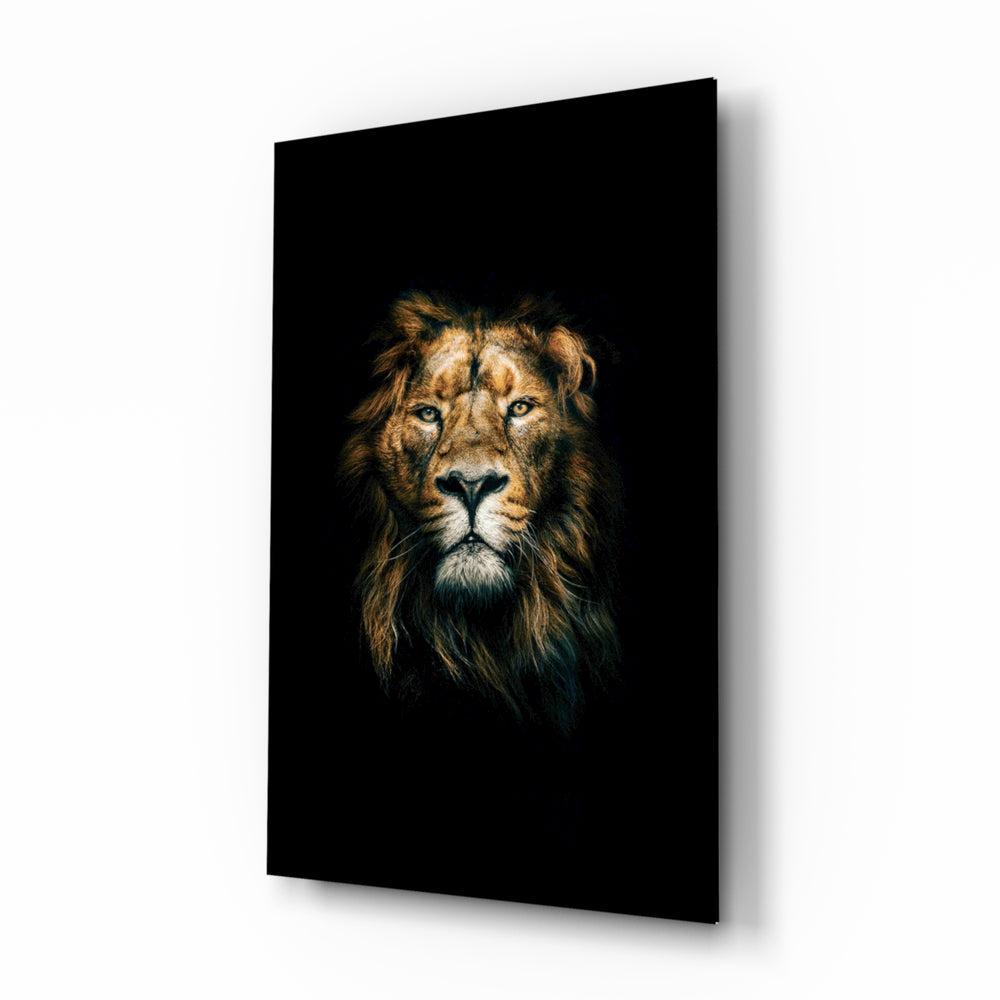 Lion glass wall art displayed above a console in a designer interior