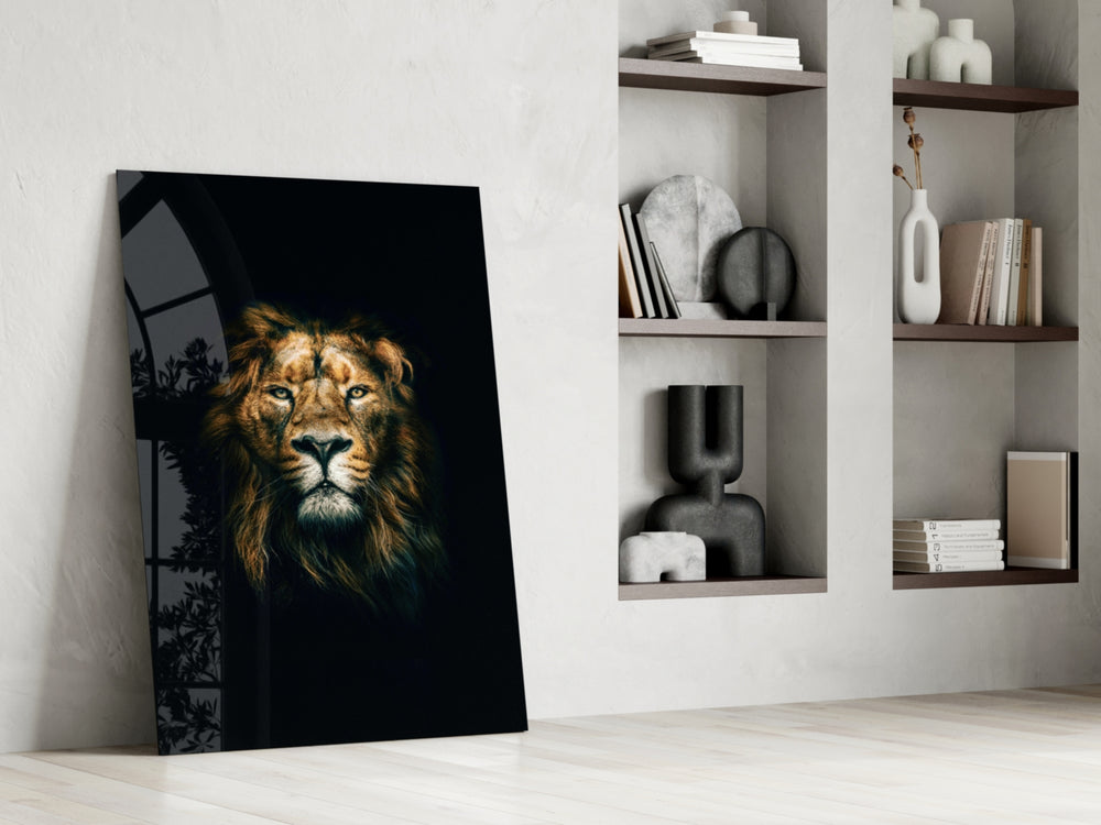 Lion glass print enhancing a hallway with sentinel gaze