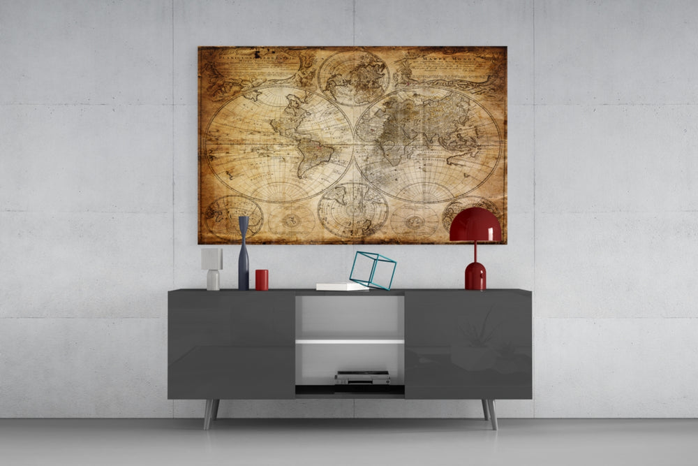 World Map panel catching soft light to reveal its parchment grain