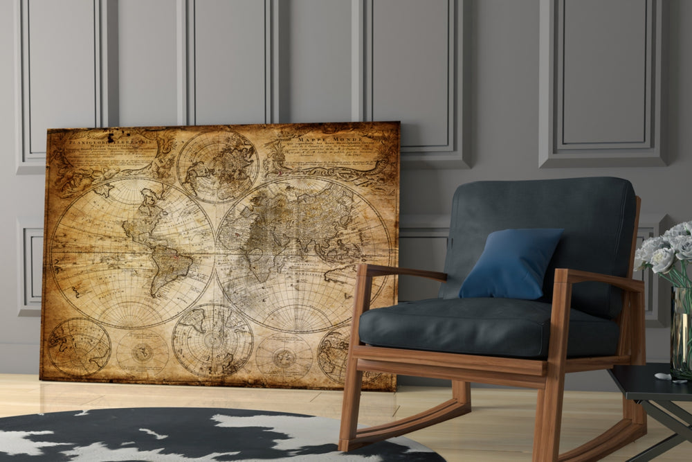 World Map glass print enhancing a hallway with library mood