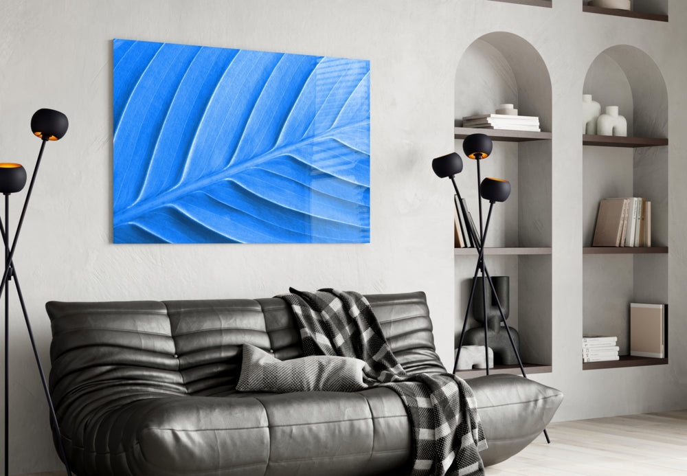 Blue Leaf glass wall art styled in a sunroom with botanical pulse