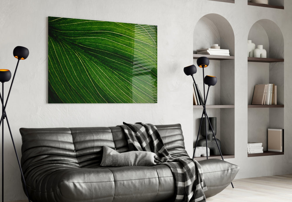 Green Leaf glass wall art styled in a sunroom with botanical pulse