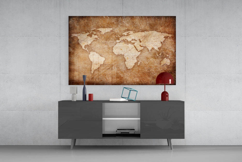 World Map panel catching warm light to reveal its painterly continents