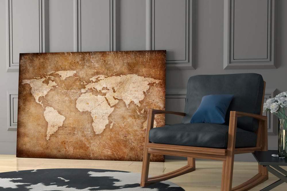 World Map glass print enhancing a hallway with library mood