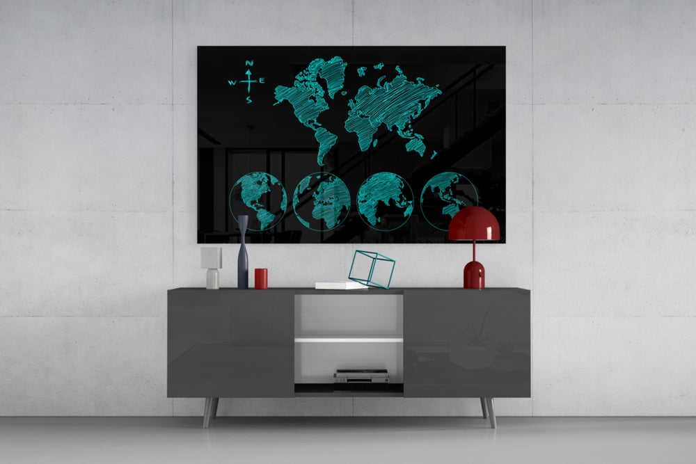 Continents panel catching low light to reveal its sketched globes