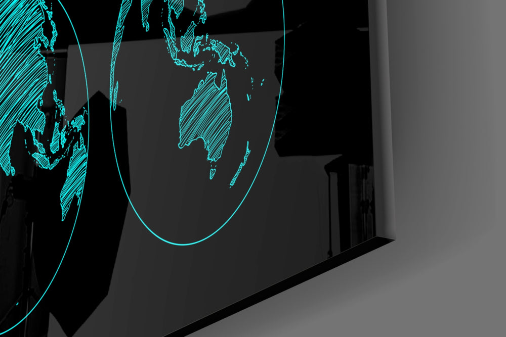Continents artwork anchoring a contemporary wall in moody palette