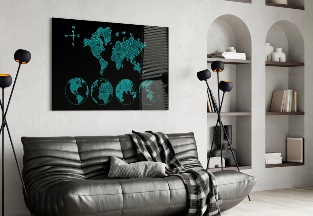 Continents glass wall art styled in an executive office