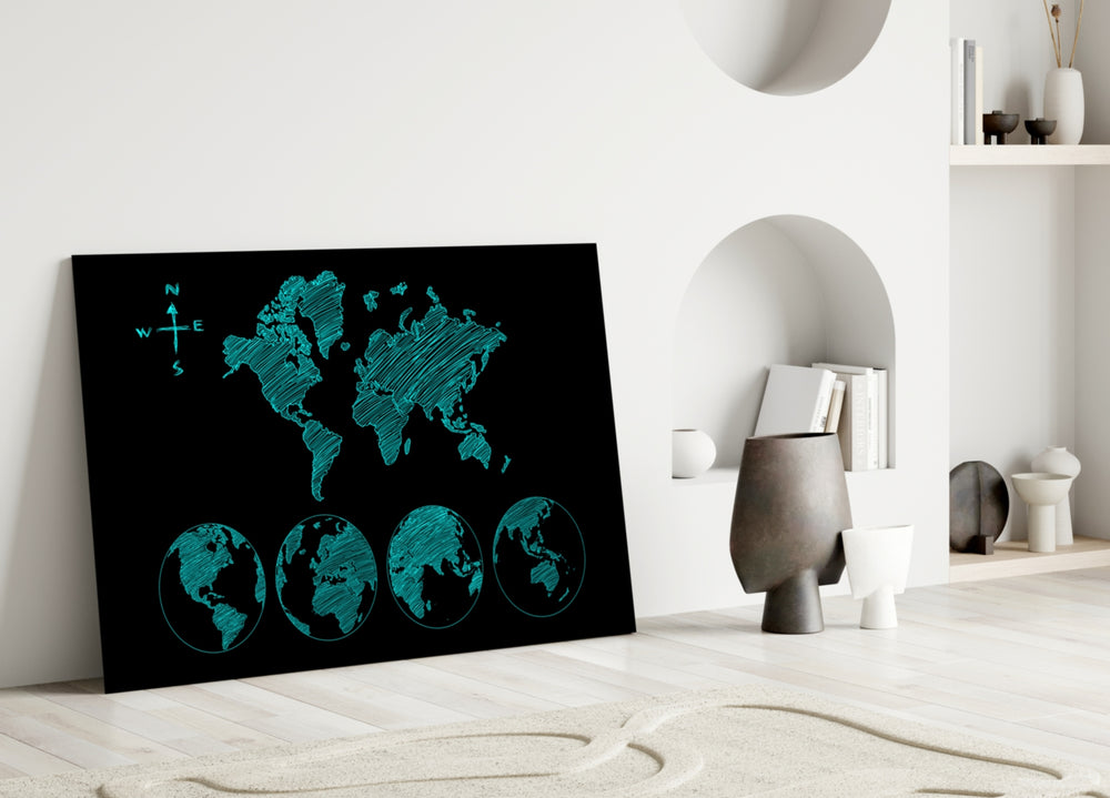 Close-up detail of turquoise sketched continents and hemispheric globes