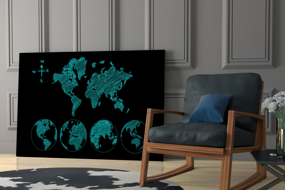 Continents glass print enhancing a hallway with cartographic pulse