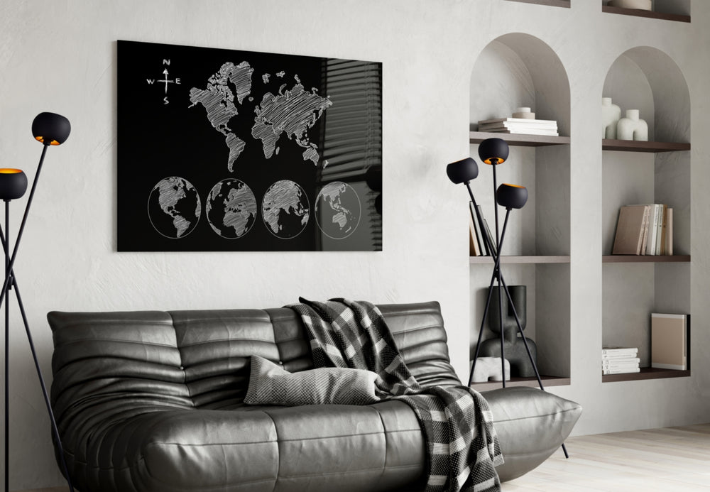 Continents glass wall art styled in an executive office