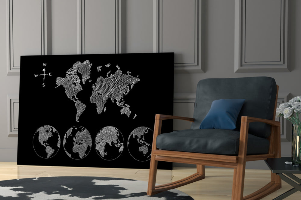 Continents glass print enhancing a hallway with cartographic pulse