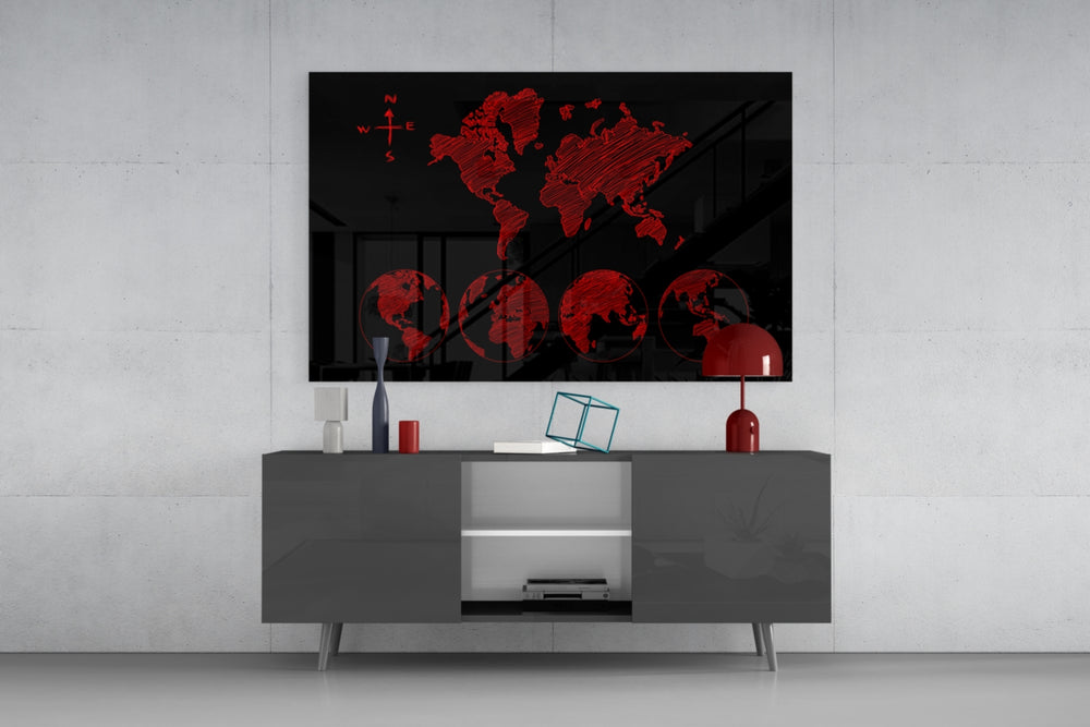 Continents panel catching low light to reveal its scarlet sketch