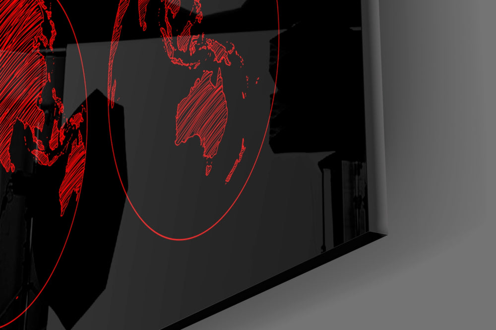 Continents artwork anchoring a contemporary wall in bold palette