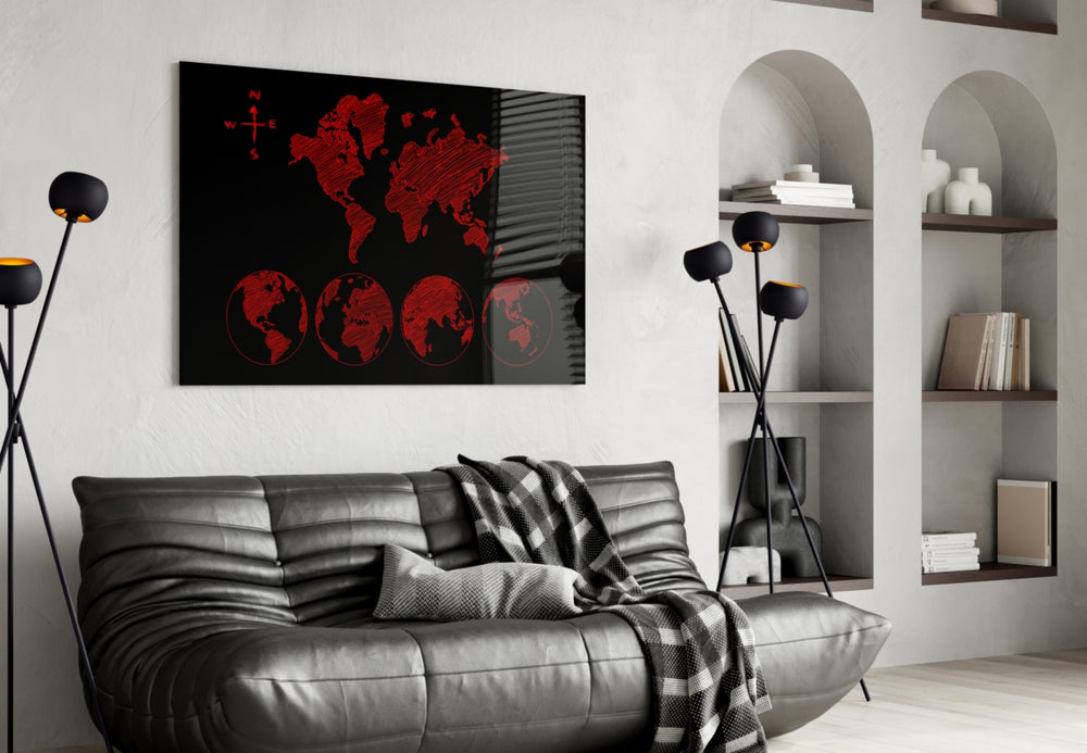 Continents glass wall art styled in an executive office