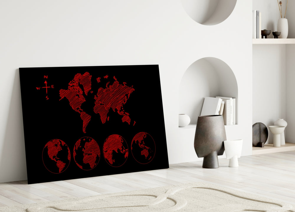 Close-up detail of red sketched continents and hemispheric globes