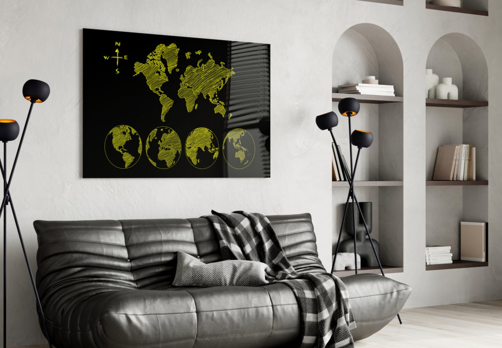 Continents glass wall art styled in an executive office