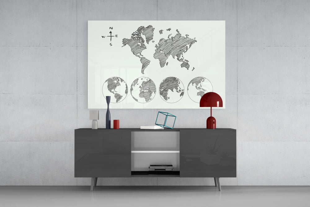 Continents panel catching daylight to reveal its fine ink hatching