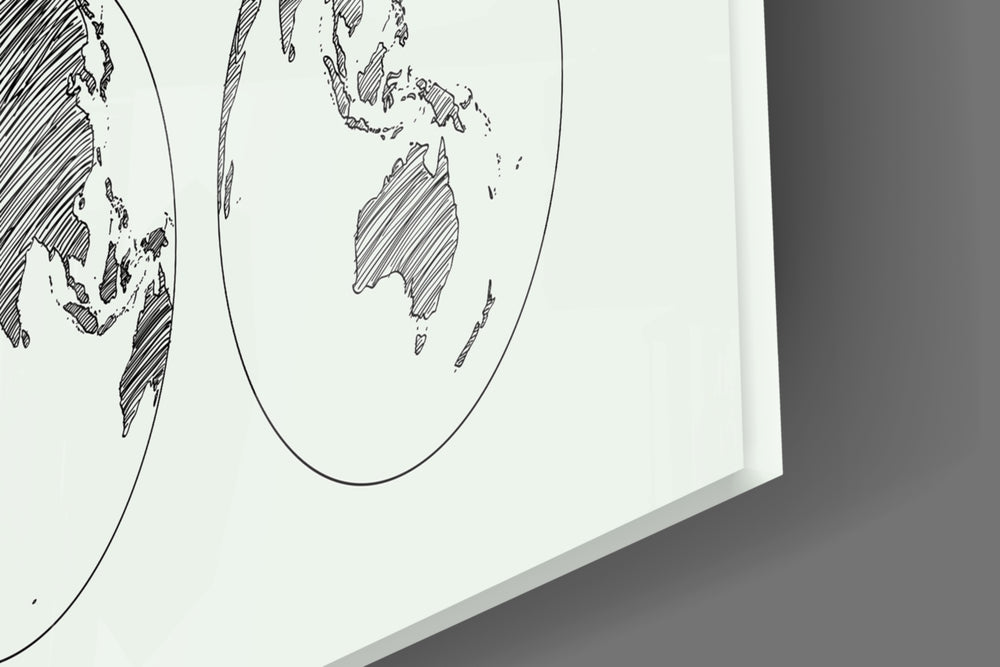 Continents artwork anchoring a library with soft palette