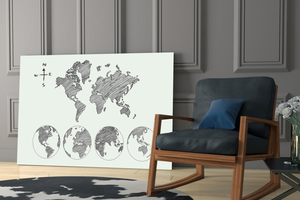 Continents glass print enhancing a hallway with cartographic poetry