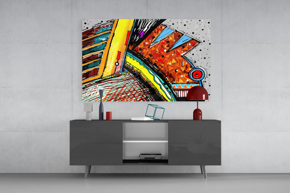 Abstract Chameleon panel catching gallery light to reveal its graphic contour