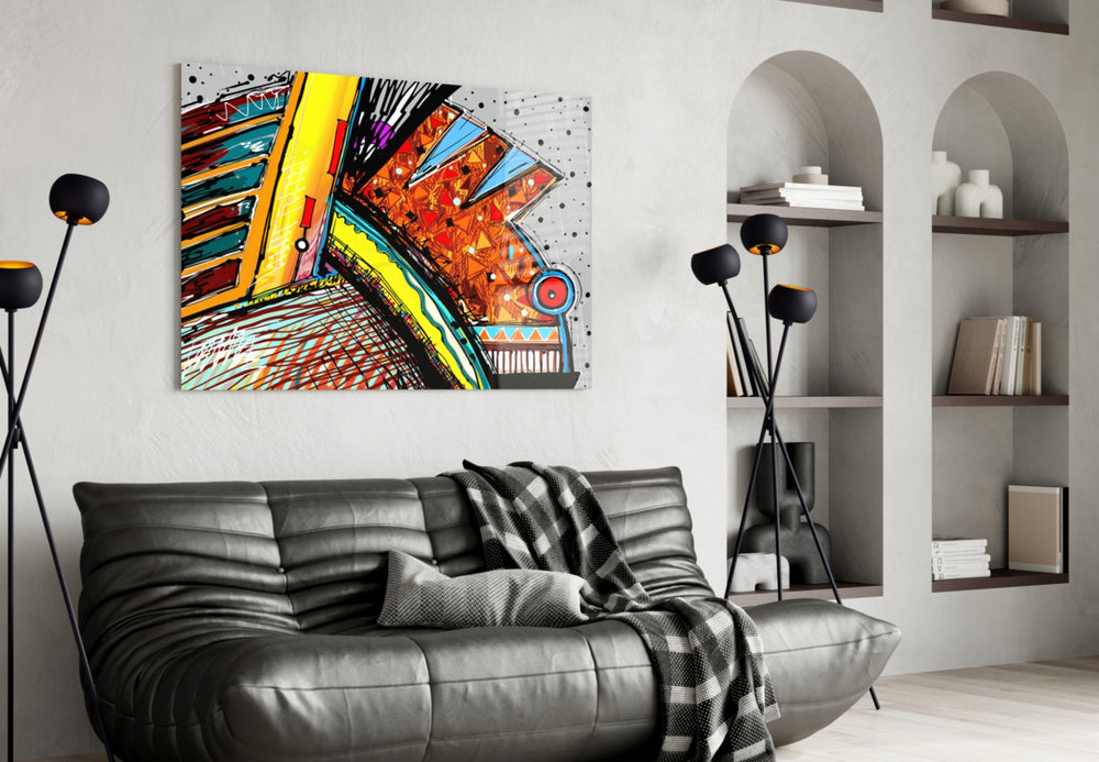 Abstract Chameleon glass wall art styled above a desk in a creative-energy teen room