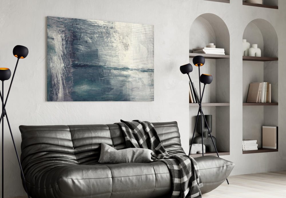 Abstract Colors glass wall art styled above a bed in a serene bedroom