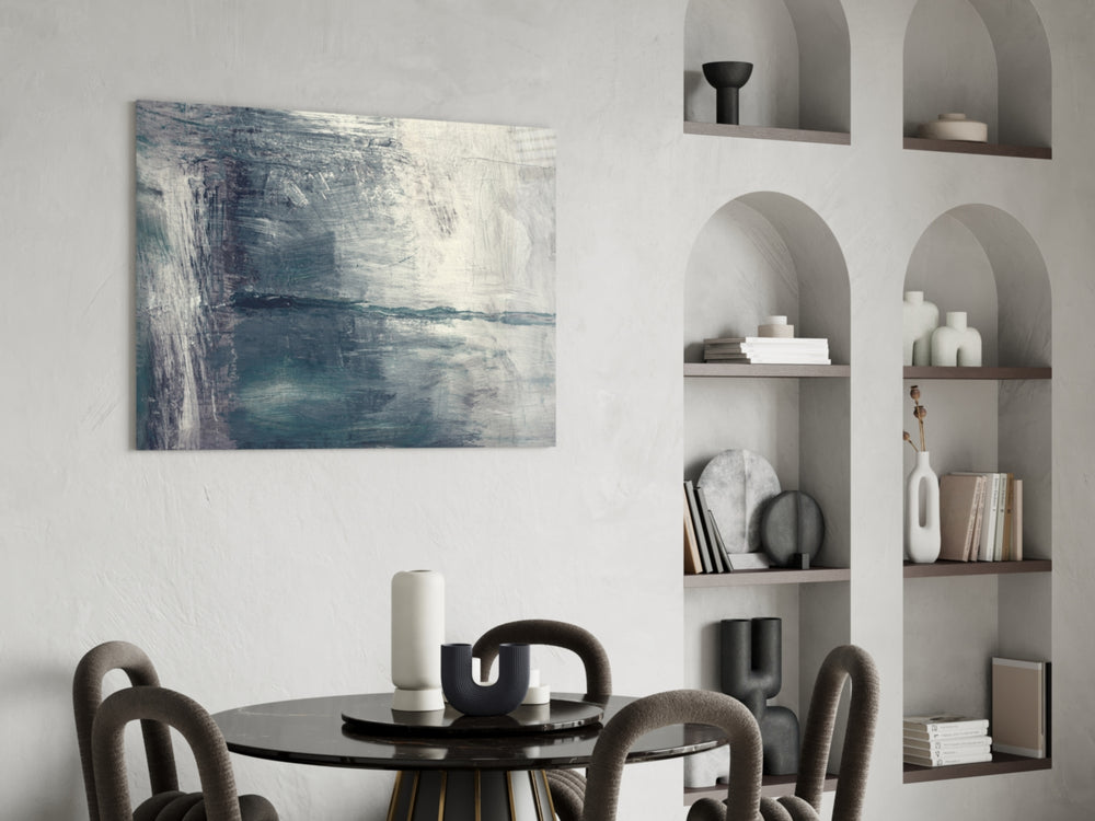 Abstract Colors panel adding quiet drama to a coastal-modern living room