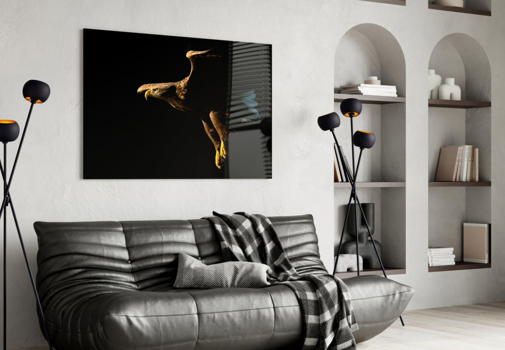 Eagle glass wall art styled above a desk in an executive-presence study