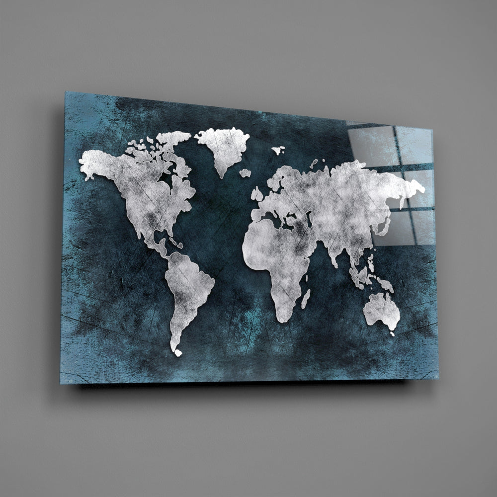 Midnight-teal map panel bringing industrial mood to a contemporary living space