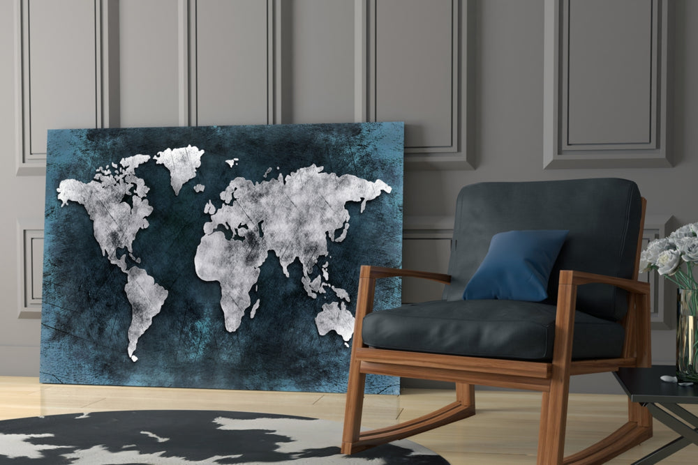 World Map glass print enhancing a man-cave with industrial pulse