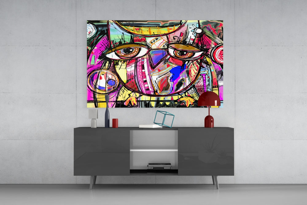 Abstract Owl panel catching gallery light to reveal its folk-pop layers