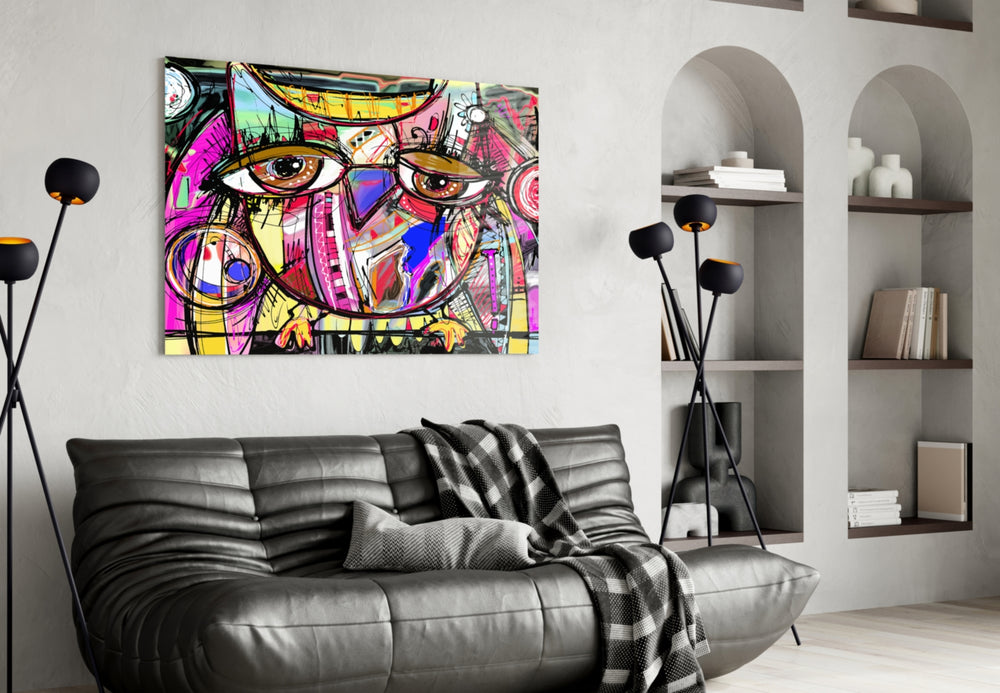 Abstract Owl glass wall art styled above a bed in a child's whimsical room
