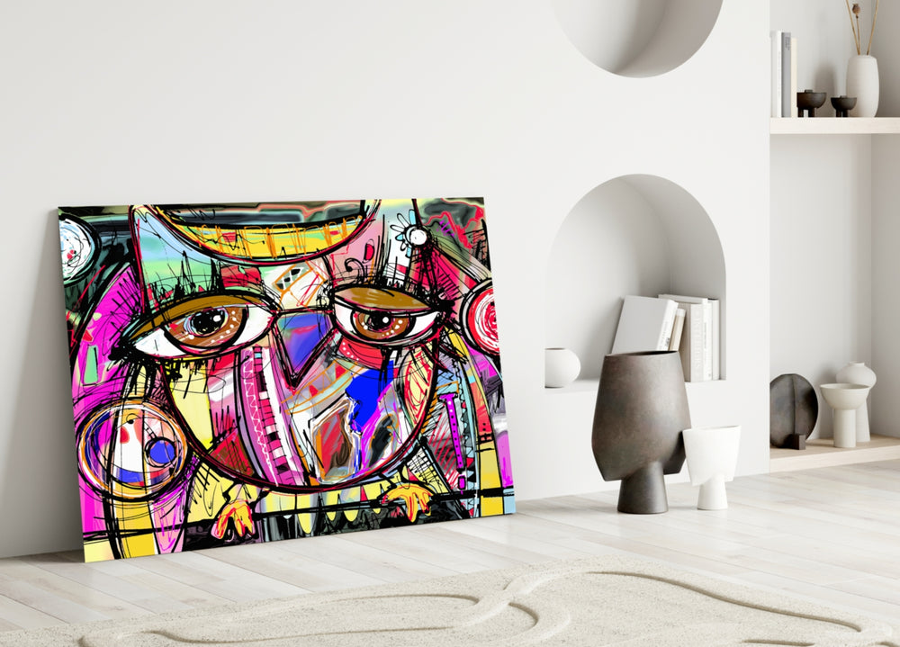Close-up detail of expressive brown eyes against magenta and yellow strokes