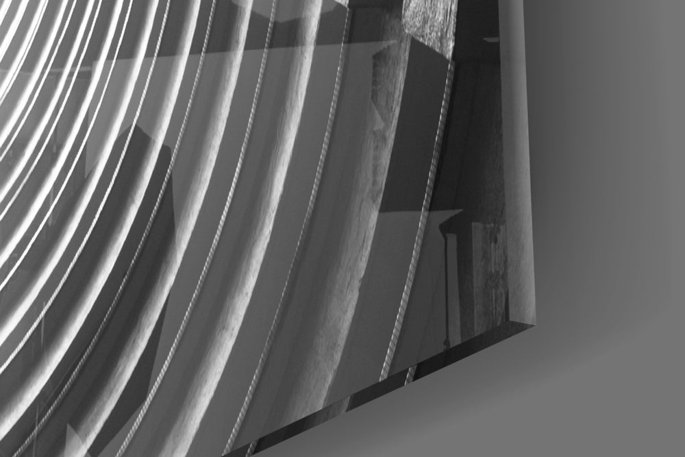 Geometric Structures artwork anchoring a corridor with monochrome palette