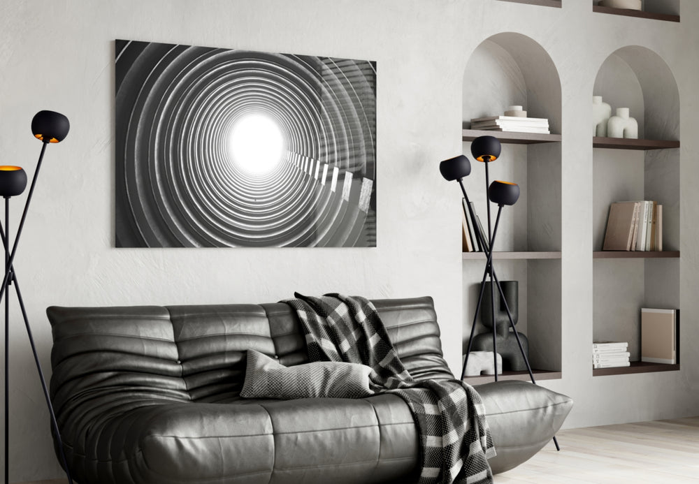 Geometric Structures glass wall art styled in a hallway with leading-line drama