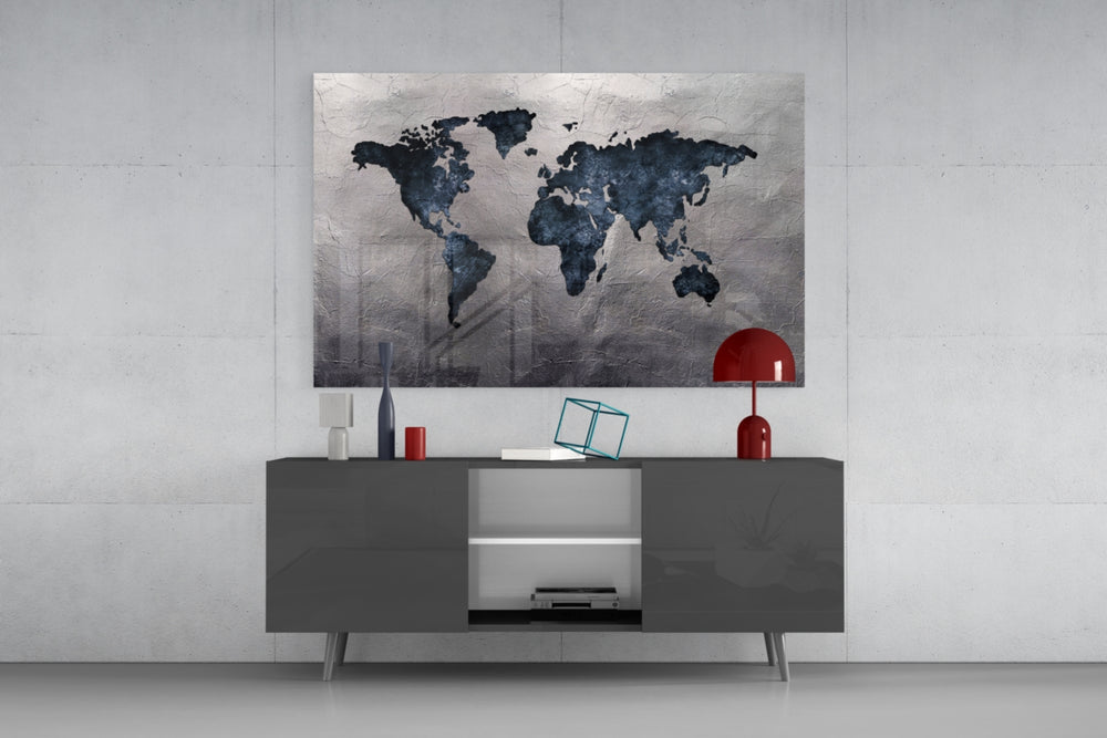 World Map panel catching soft light to reveal its plaster grain