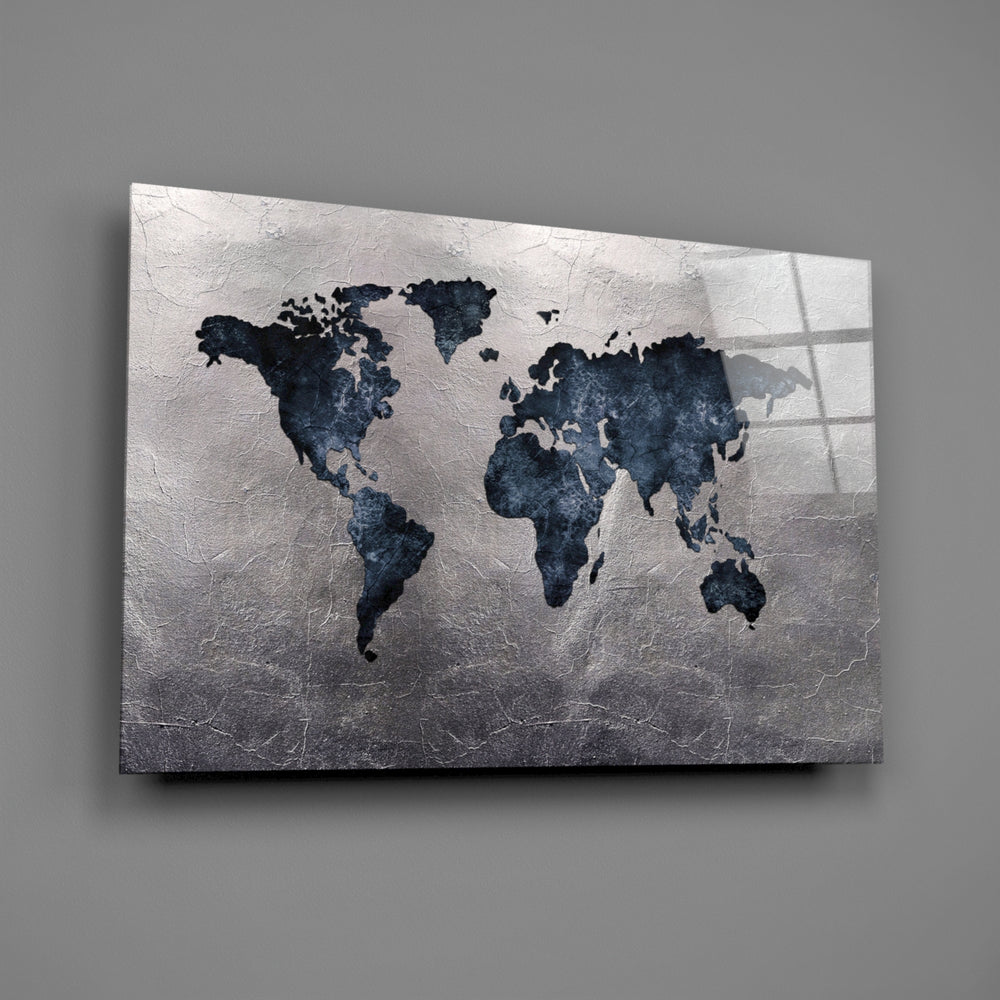 Indigo-stone map panel bringing industrial calm to a contemporary living space