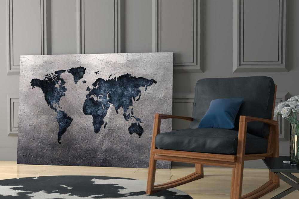 World Map glass print enhancing a hallway with cartographic gravity