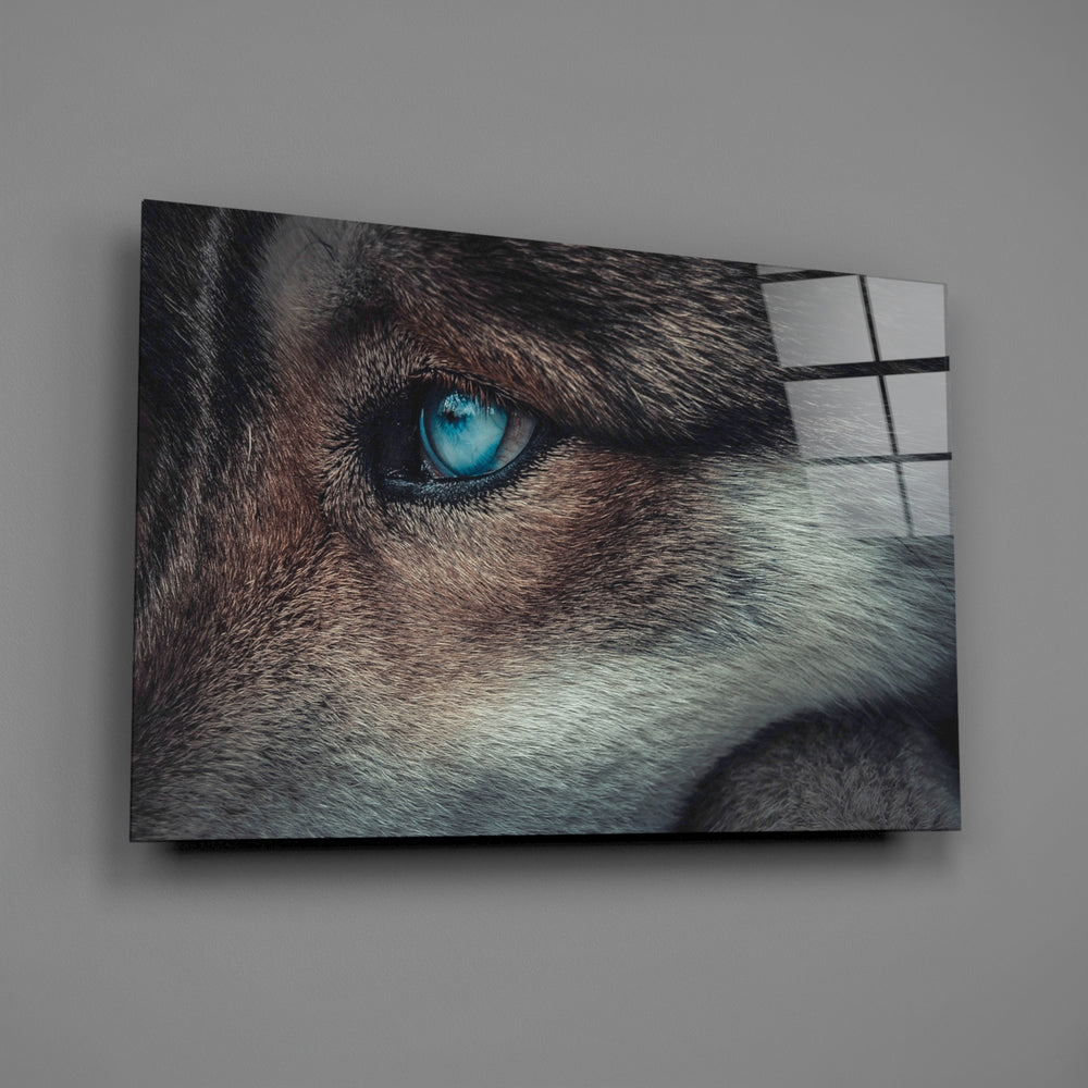 Ice-blue wolf-eye panel bringing predator presence to a contemporary living space