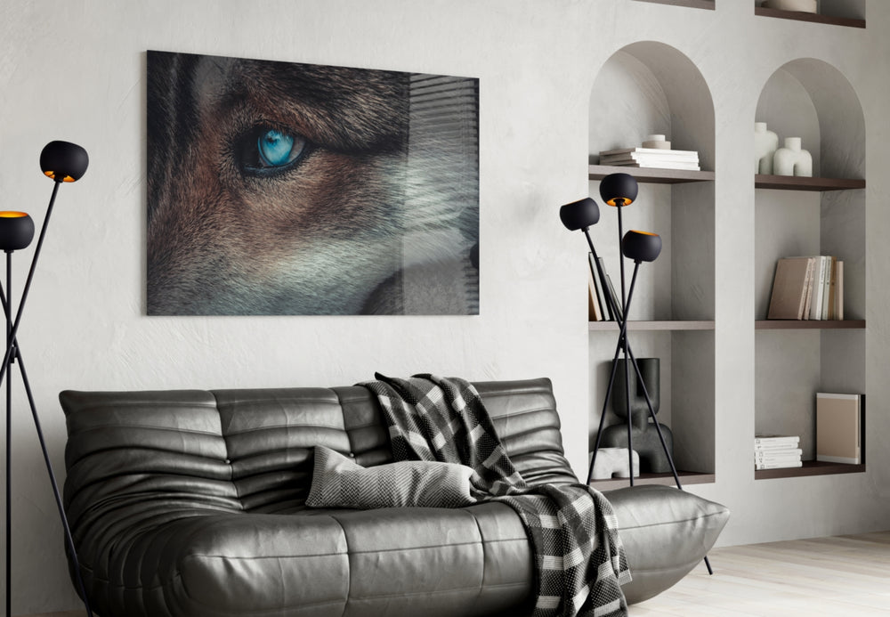 Wolf's Eye glass wall art styled above a desk in a moody study