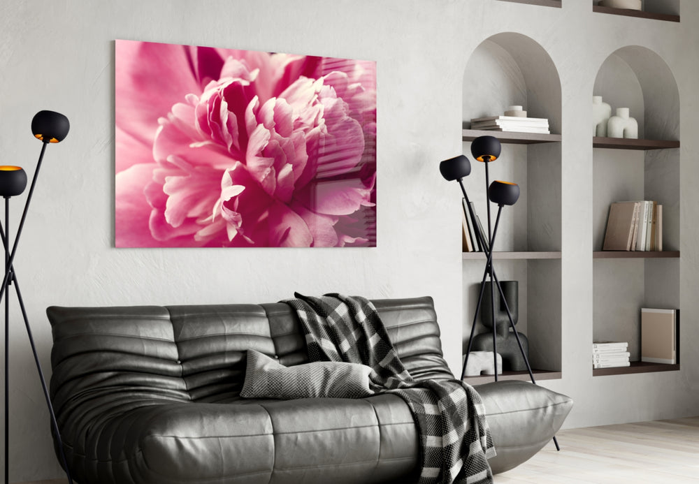 Pink Flower glass wall art styled above a bed in a serene bedroom