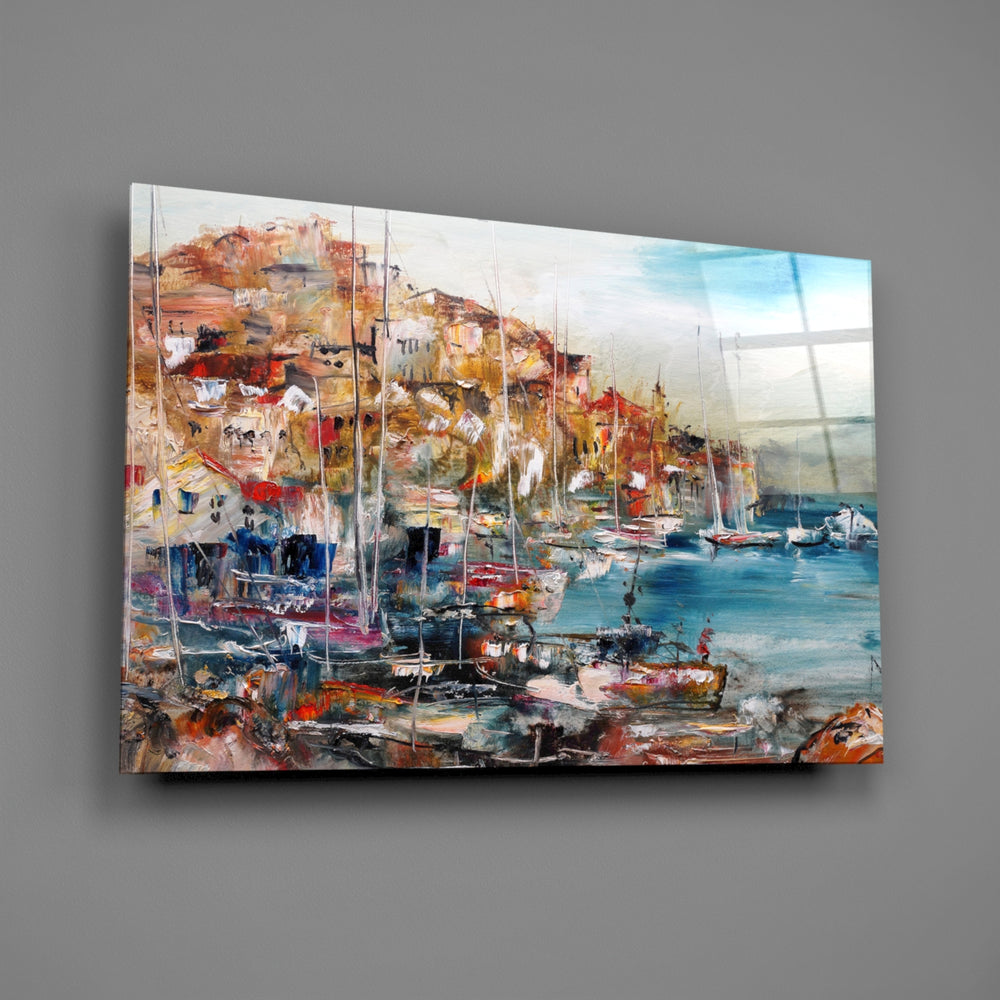 Mediterranean harbor panel bringing coastal warmth to a contemporary living space