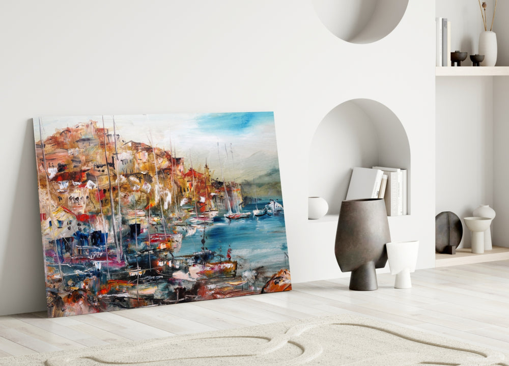 Close-up detail of palette-knife terracotta houses and sailboat masts