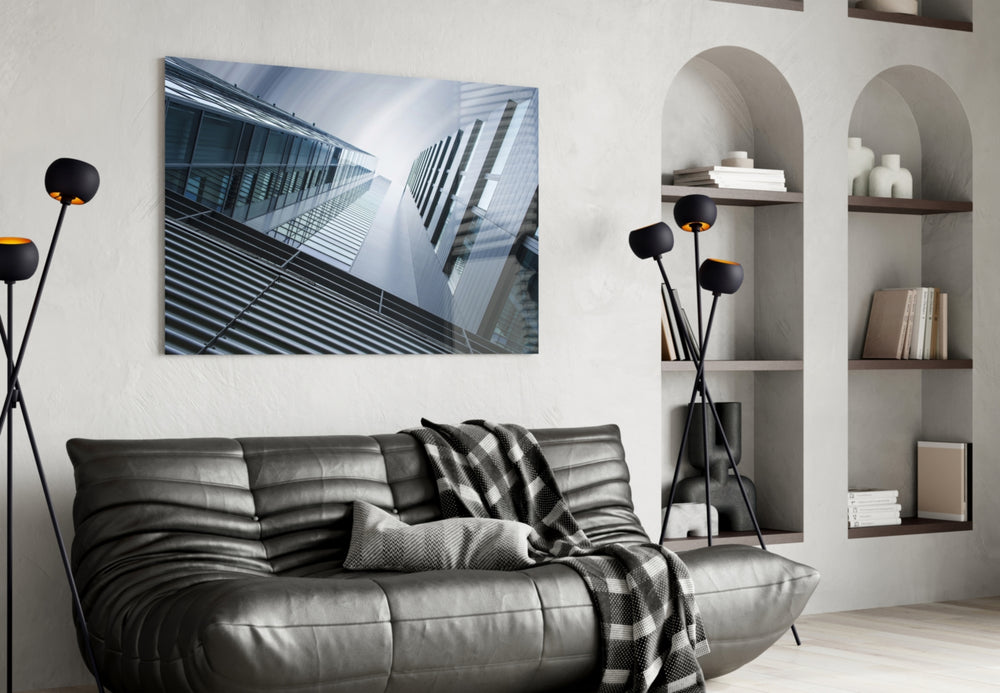 Geometric Structures glass wall art styled above a desk in a corporate office