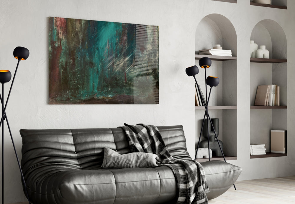 Abstract Colors glass wall art styled above a desk in a creative-pulse study